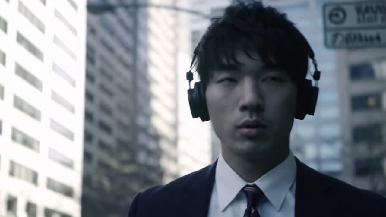 A Young Man in Formal Attire Walks Through a City Street While Listening to Music, Capturing a Moment of Focus Amidst Urban Life