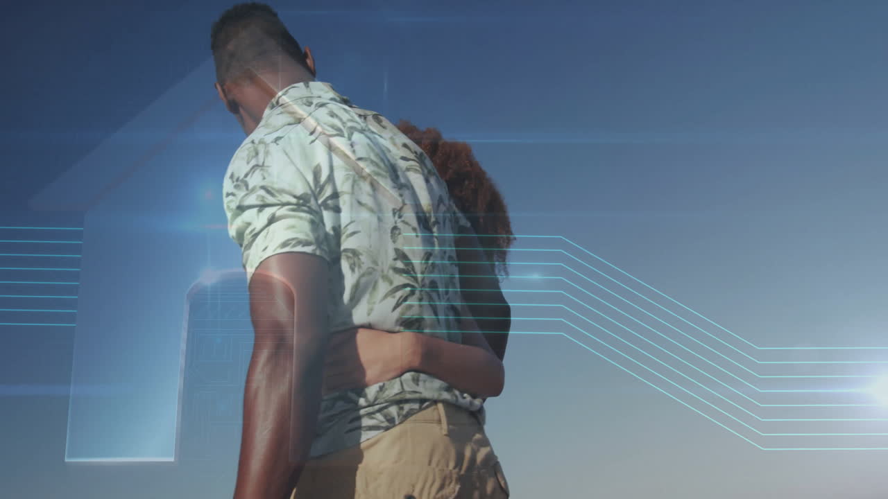 Embracing outdoors, couple surrounded by digital animation lines in scenic view