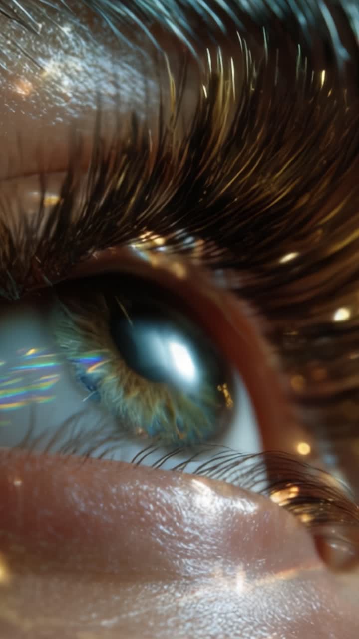 Primo piano di un occhio con belle ciglia e un affascinante riflesso colorato in un ambiente scintillante, che evidenzia dettagli intricati e caratteristiche di bellezza.