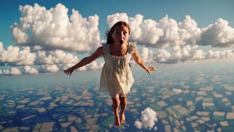 Aerial video shot of a surprised girl in a white dress floating in the sky, surrounded by clouds