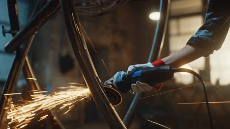 close up of hands of a metal fabricator wearing safety gloves and grinding a steel tube sculpture with an angle grinder in a studio. working with a handheld power tool in a workshop.