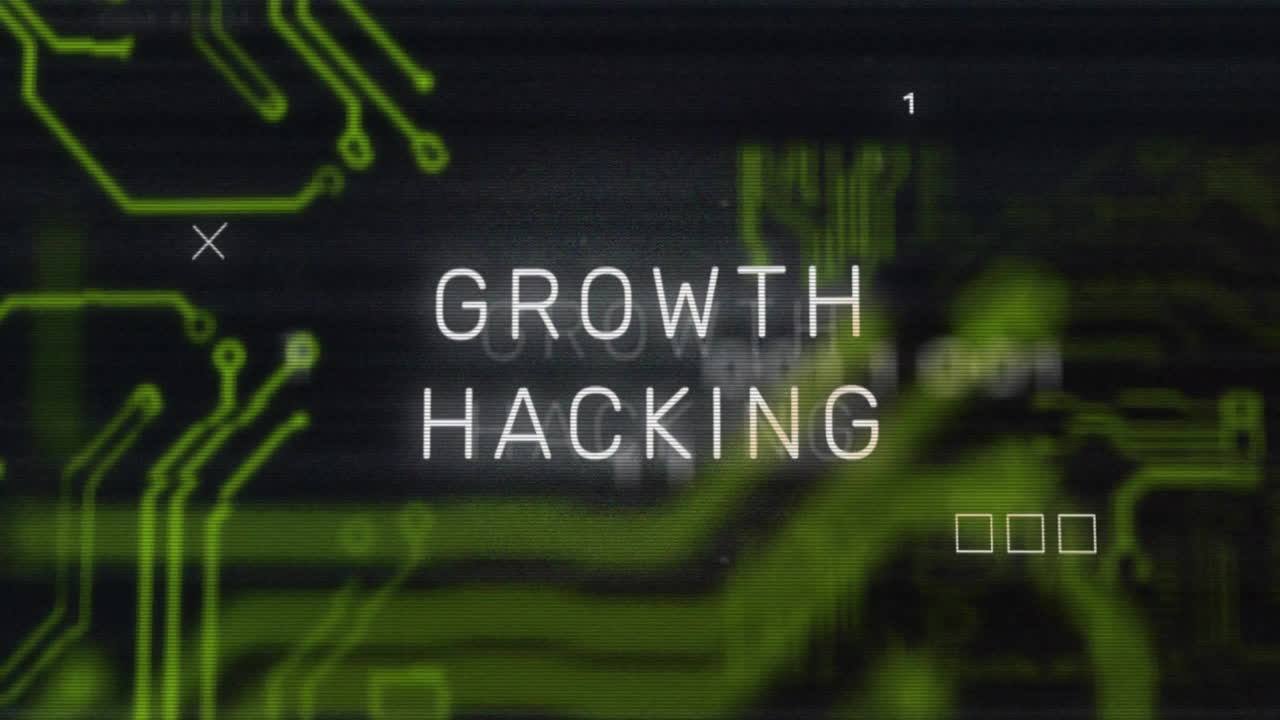 Growth hacking text animation over green circuit board graphics