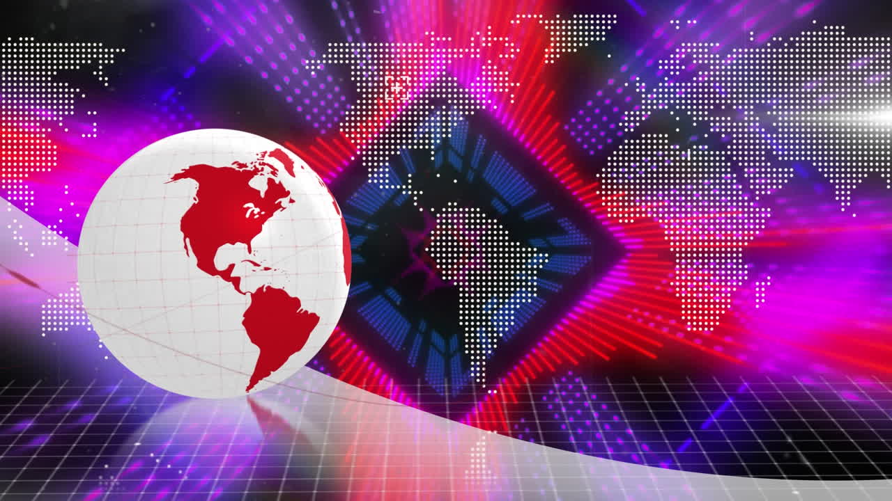 회전하는 지구와 세계 지도에 대한 원활한 패턴으로 네온 터널의 애니메이션