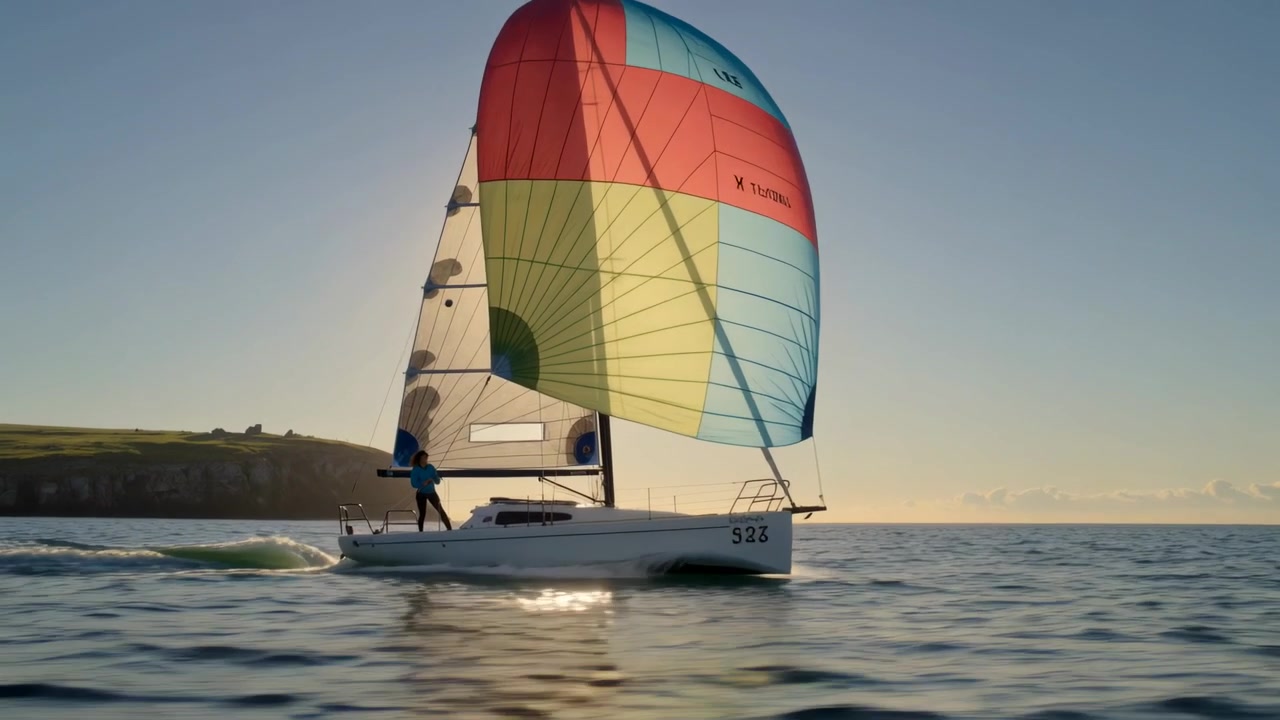 Breeze filling spinnaker, sailboat 523 moving nearshore, crew in blue vest adjusting lines for trim