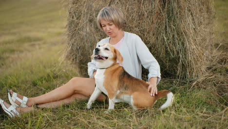 close-up of dog owner gently rubbing her playful dog while resting on hay bale in vast farmland, a serene yet playful rural setting with rolling fields