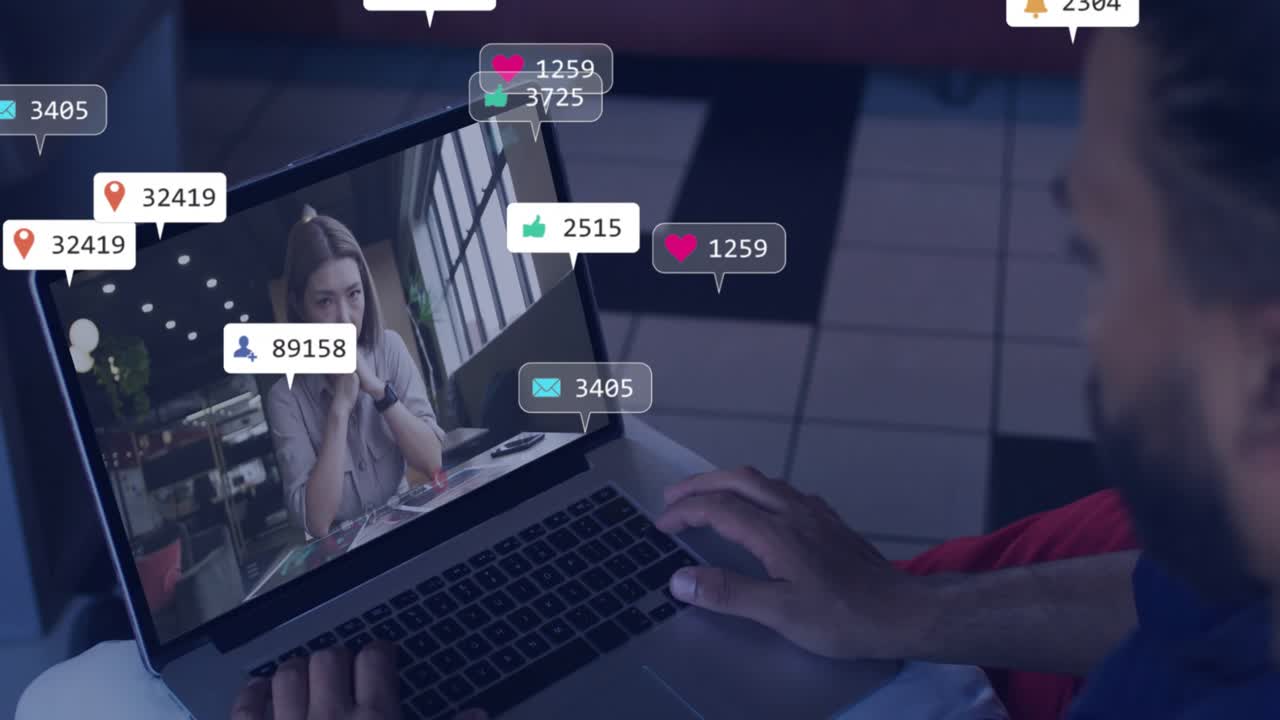 Man opening laptop playing feed woman holding doc tasting dish icons growing man tracking marketing