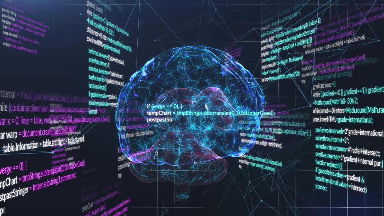 검은 바탕에 데이터 처리와 뇌의 애니메이션