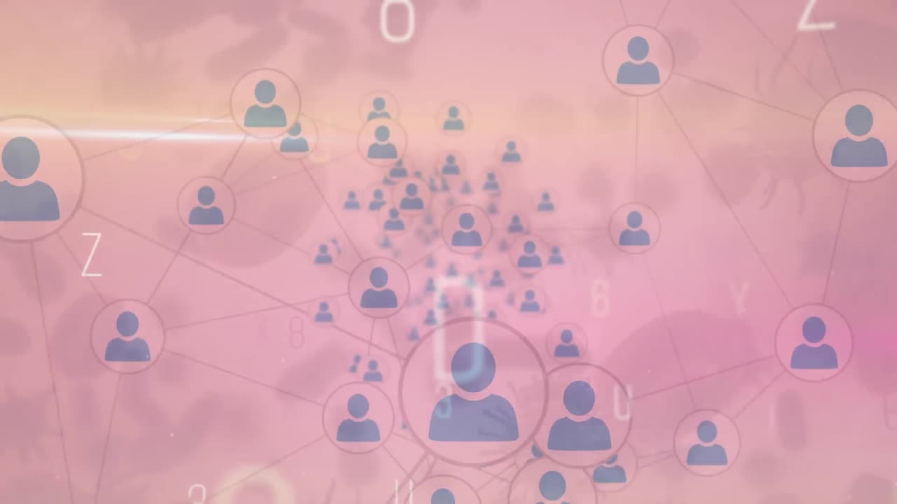 세포 위의 문자를 가진 연결 네트워크의 애니메이션