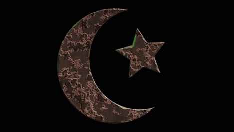 gráfico de movimiento dramático de alta calidad del símbolo del icono del islam de la estrella y la media luna, que se erosiona, se oxida y se descompone rápidamente, sobre un fondo negro liso