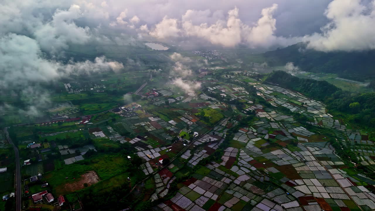 Rural area of Indonesia with many rice fields, high angle aerial view