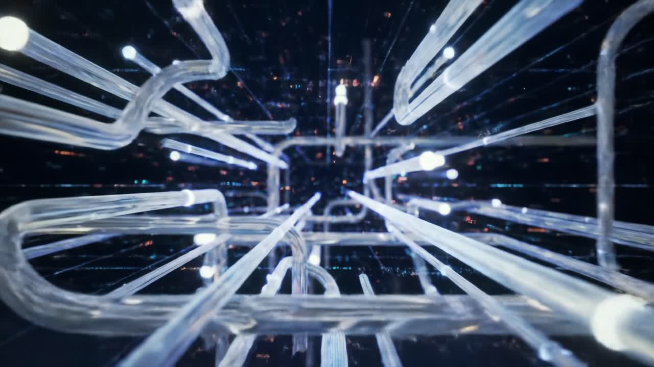 A Captivating Journey Through a Complex Network of Glowing Transparent Tubes, Creating a Stunning Visual Experience of Depth and Motion in a Dark Environment