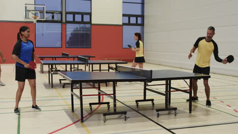 playing table tennis, people practicing in indoor sports facility with paddles