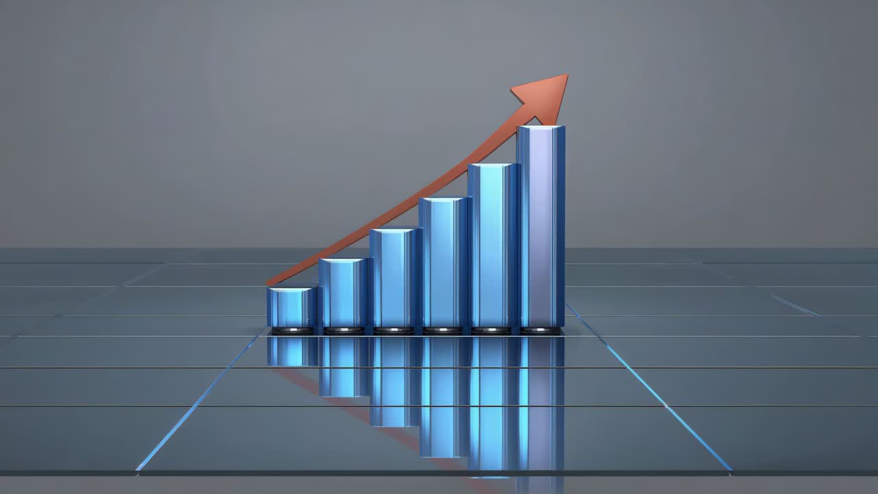 Animating 3D bar chart from frame one, bars rising on reflective floor, red arrow conveying growth