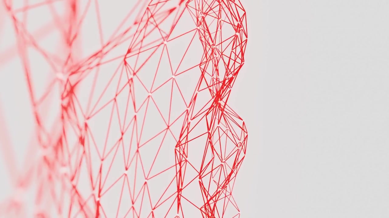 Struttura geometrica astratta a wireframe rossa su sfondo bianco. Visualizzazione digitale 3D di rete poligonale. Concetto di tecnologia e scienza per il design e verticale