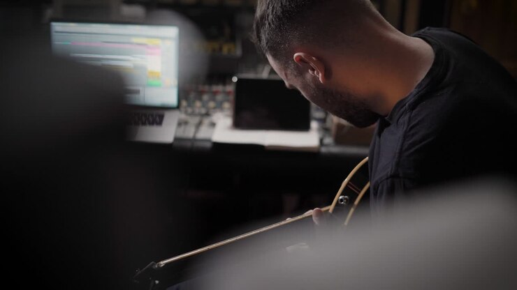 giovane musicista principiante sta composendo musica su una chitarra, seduto in uno studio di registrazione vuoto, vista posteriore