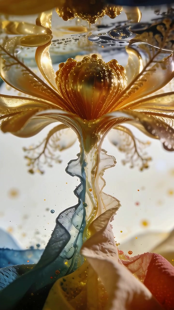 Video verticale: Fiore dorato brillante che galleggia in un recipiente trasparente per effetto dei giochi di luce