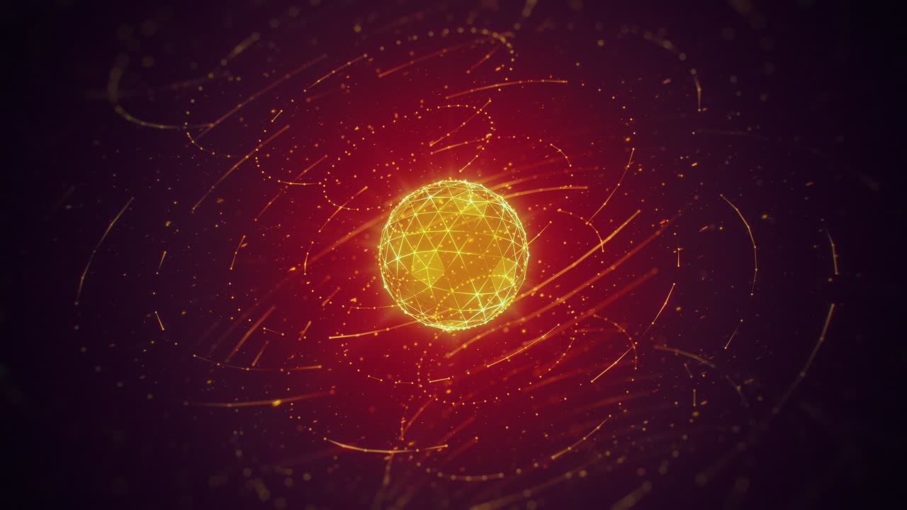 하이테크 노란색 다각형 구와 빨간색 바탕에 회전하는 선