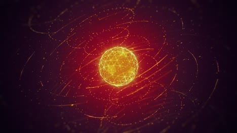 esfera poligonal amarilla de alta tecnología y líneas giratorias sobre fondo rojo