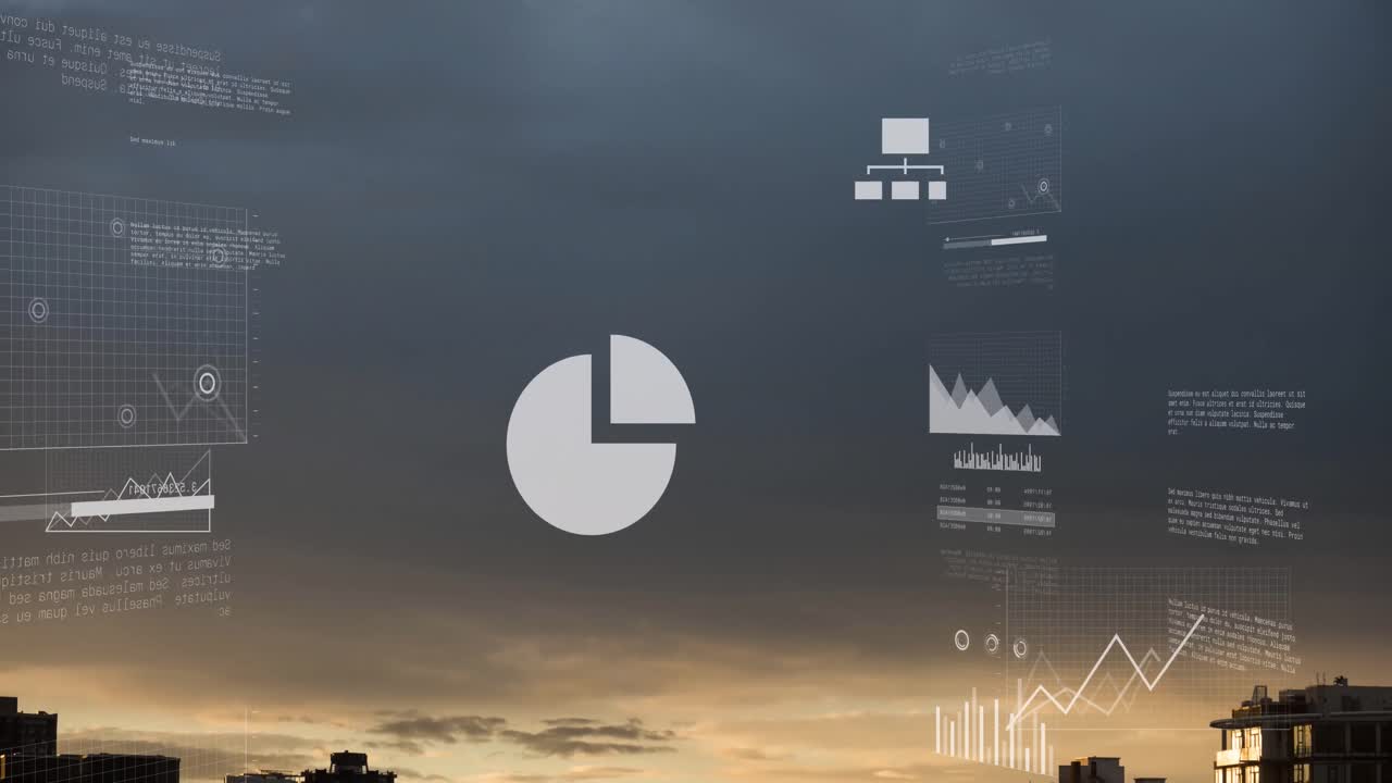 animación de pantallas con procesamiento de datos estadísticos contra vista aérea del paisaje urbano y el cielo gris.