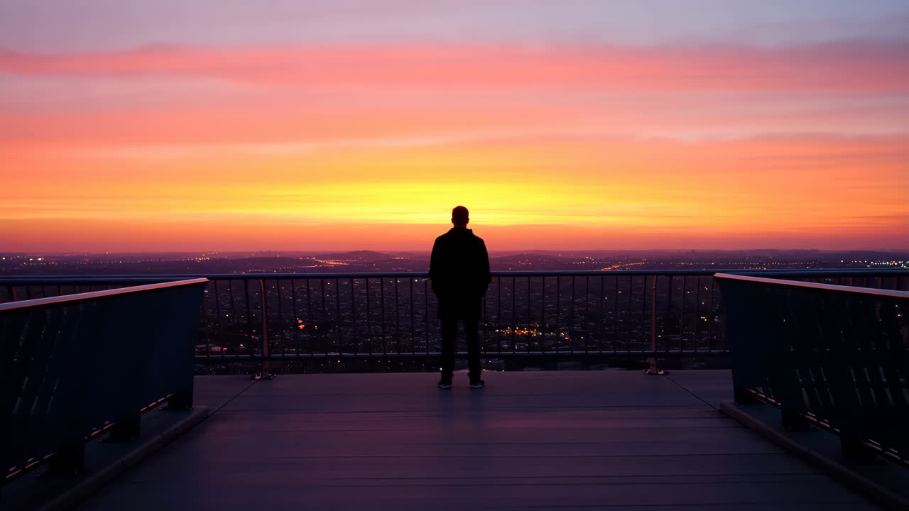 Uomo in silhouette contro un tramonto vibrante che domina le luci della città