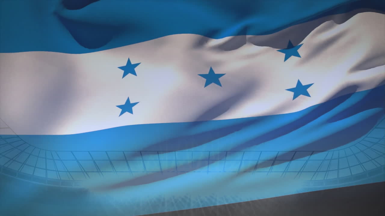 Honduras flag flat design rippling in foreground, stadium grid roof and seating animated behind
