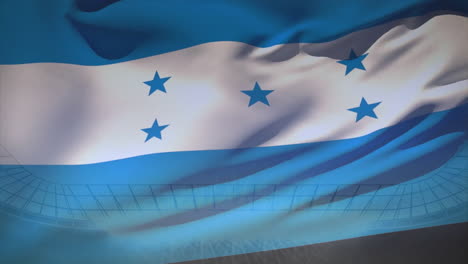 honduras flag flat design rippling in foreground, stadium grid roof and seating animated behind