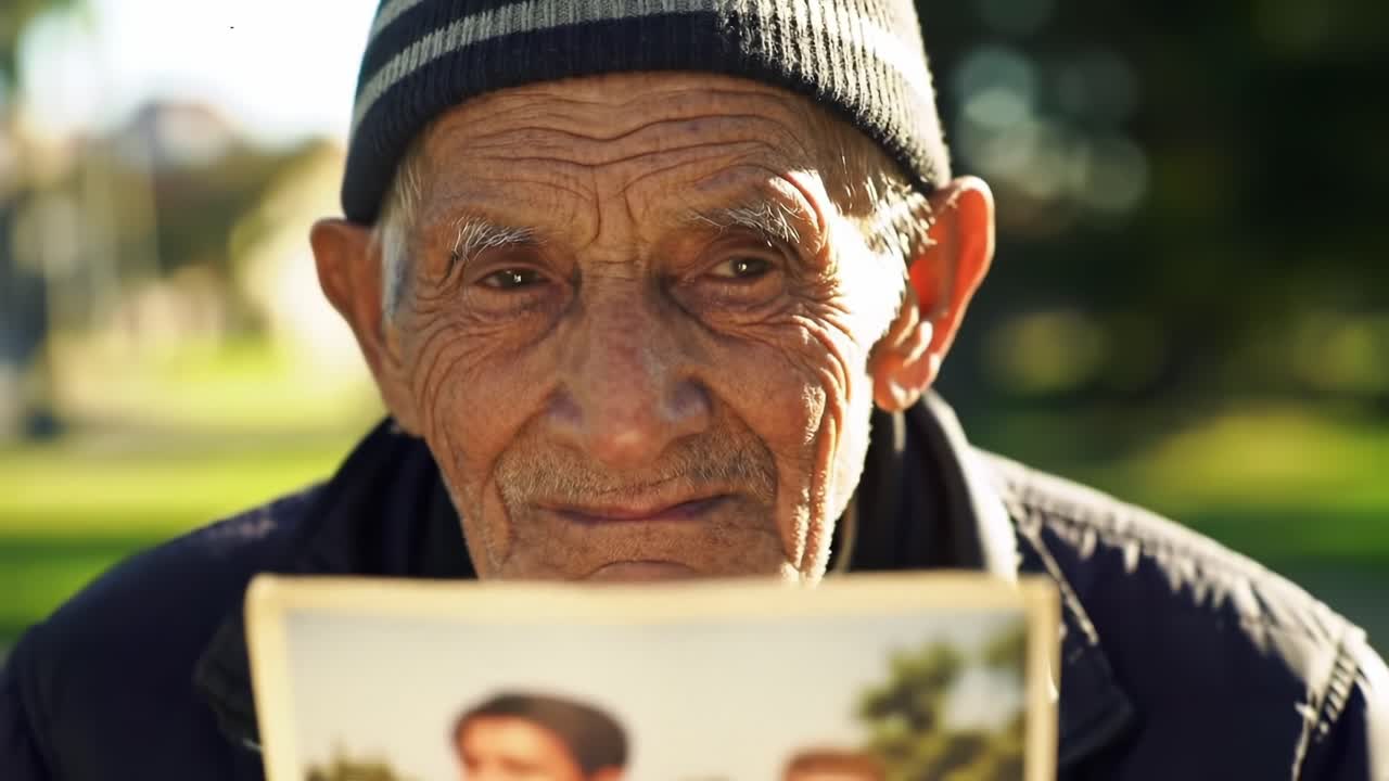 An Elderly Man Reflecting on Memories Captured in a Photograph, Lost in Remembrance as He Gazes at the Image of His Younger Self and Friends in a Nostalgic Moment
