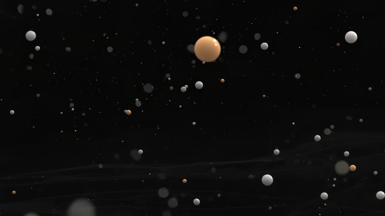 Emerging large beige sphere as tiny white, beige spheres drifting, swirling then exiting dark void