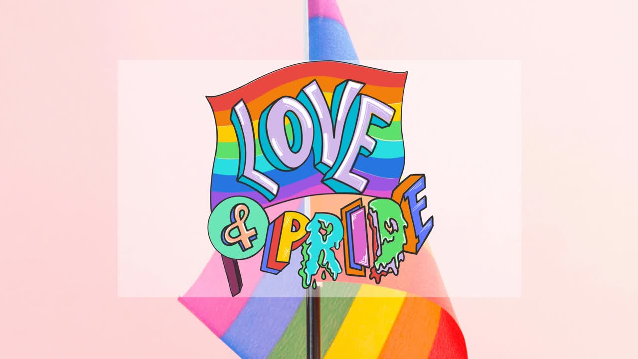 커피를 마시는 레즈비언 커플의 중간 부분 위에 무지개  ⁇ 발의 애니메이션