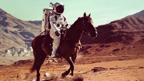 un hombre en un traje de astronauta montando un caballo en el desierto