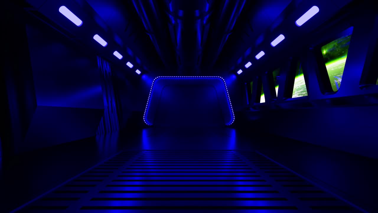 빛나는 파란색 불빛으로 미래의 공상 과학 터널