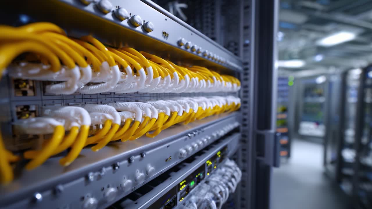 Detailed View of Network Server Rack with Yellow Ethernet Cables, Showcasing Data Connectivity and Modern Technology in a Robust Data Center Environment