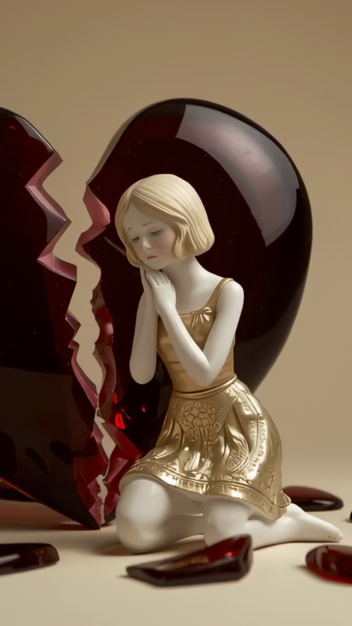 Vertical video: Shot showing kneeling figurine in gold dress at studio, mourning broken glass heart