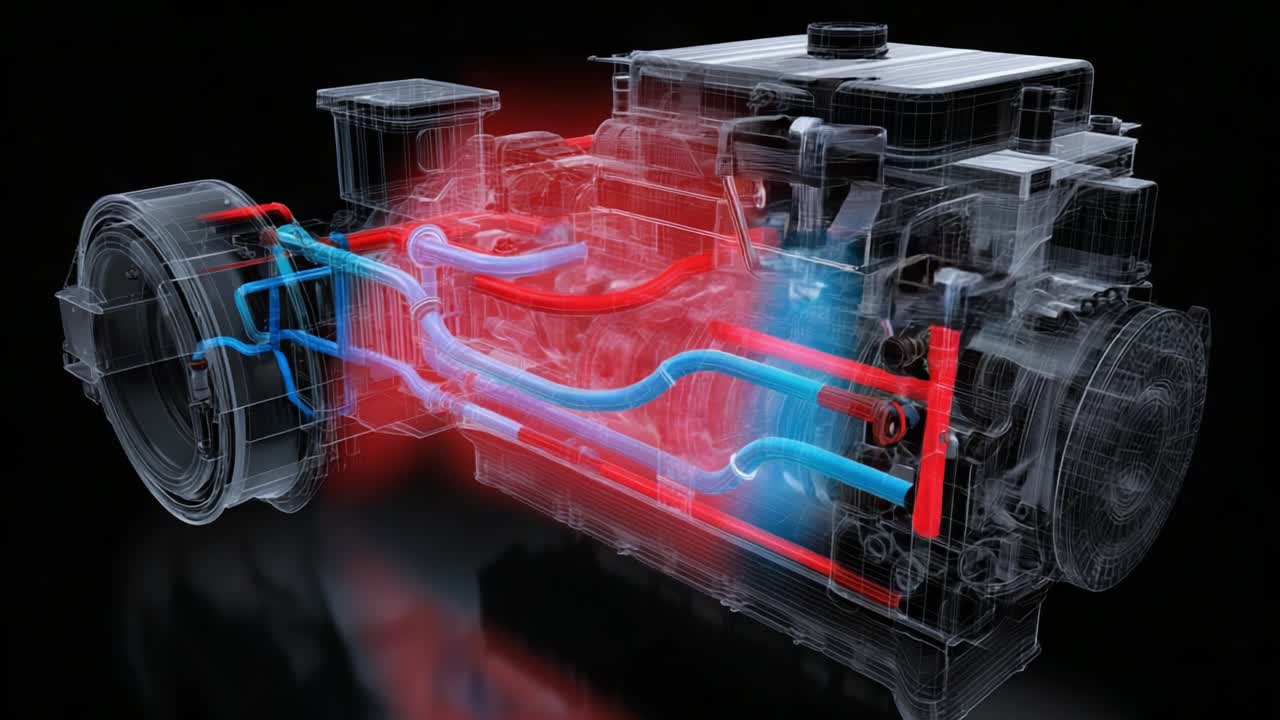 Detailed Breakdown of an Engine's Internal Structure Highlighting Fluid Dynamics and Component Interactions with Vivid Visualization Techniques