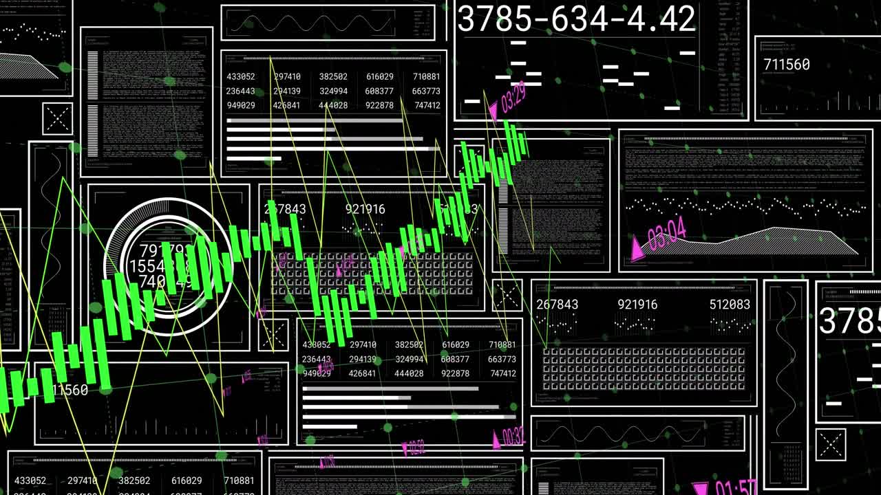 Animation of interfaces with data processing against black background