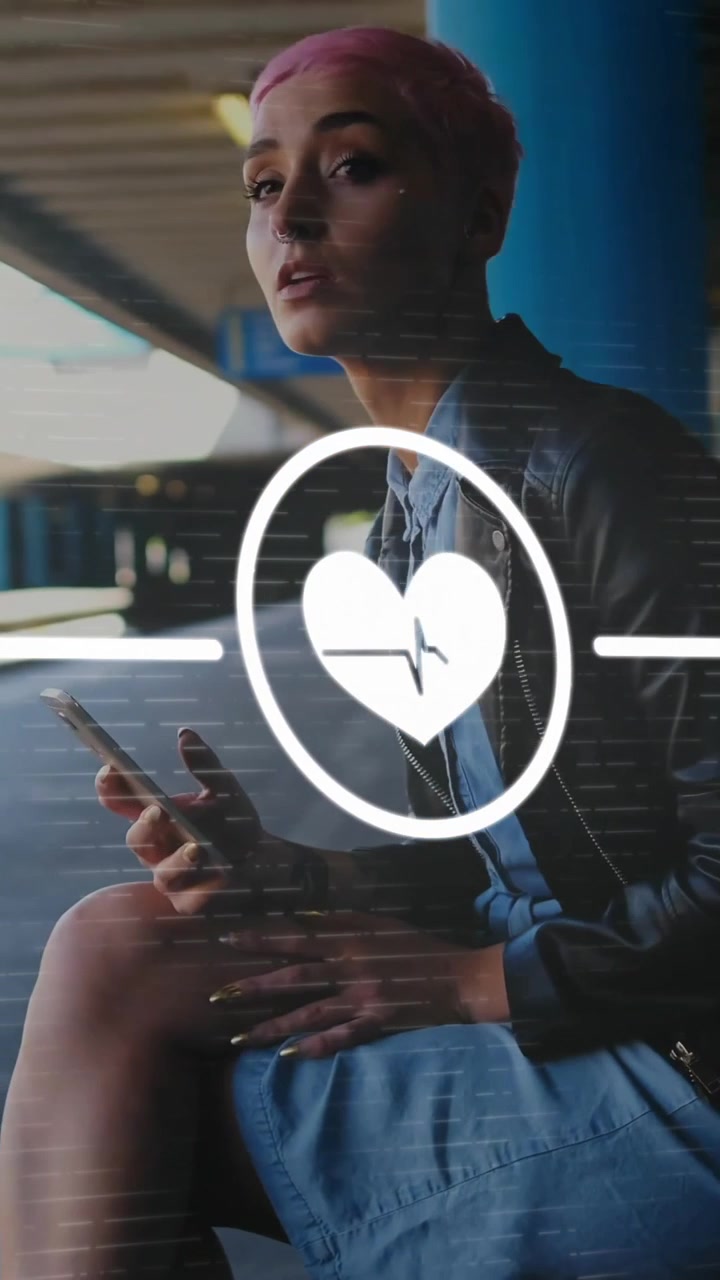 Animation of flowchart of icons over woman using phone while waiting for train at station