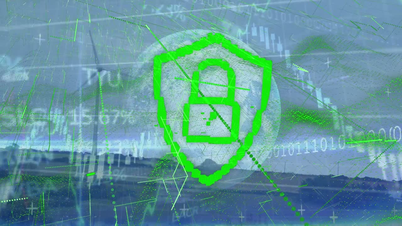 락과 금융 데이터 및 풍력 터빈을 가진 디지털 방패의 애니메이션