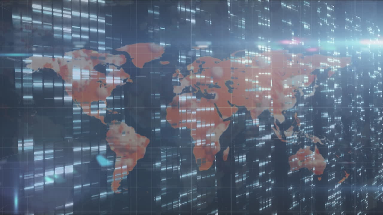 Animation of data processing over world map over navy background