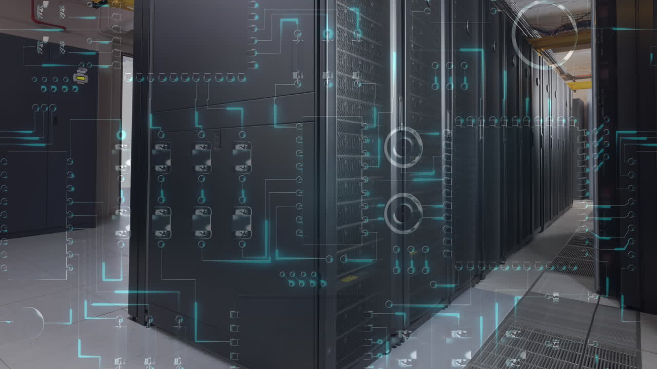 Animation of circuit board and data processing over computer servers