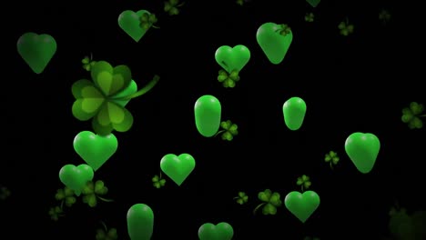 animation of st patrick's day shamrock and green hearts on black background