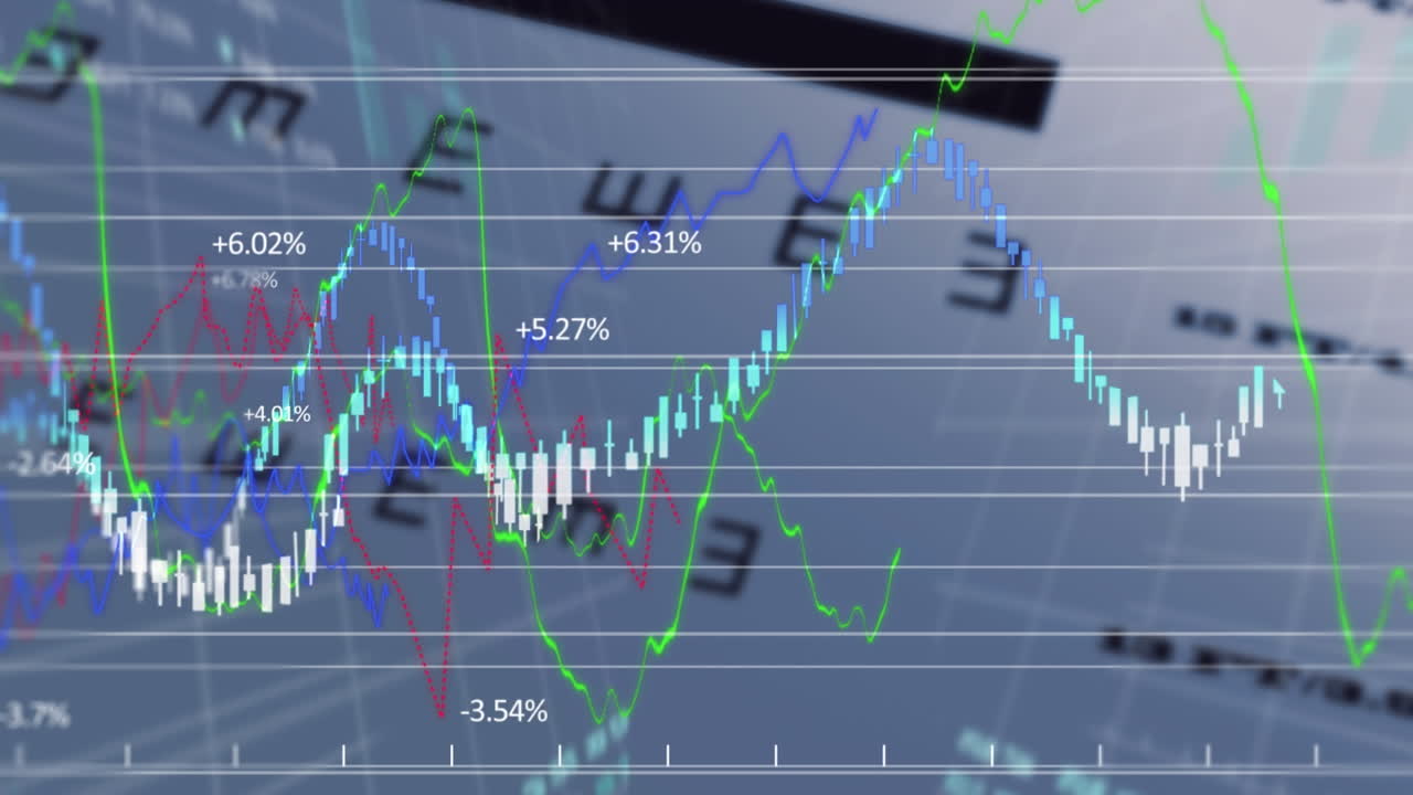 색 바탕에 스넬렌 아이 차트 위에 금융 및 주식 시장 데이터 처리의 애니메이션.