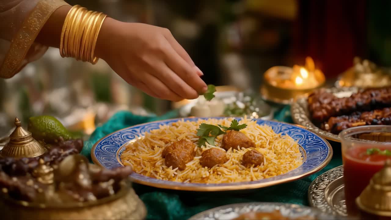 Woman Garnishing Traditional Rice Dish