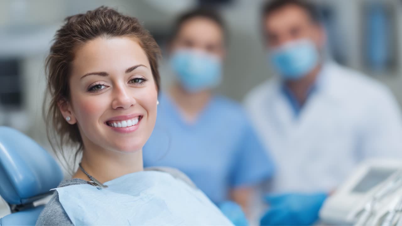 Paziente entusiasta che sorride sulla poltrona del dentista con professionisti sullo sfondo, mostrando un ambiente dentistico amichevole e confortevole per la cura orale