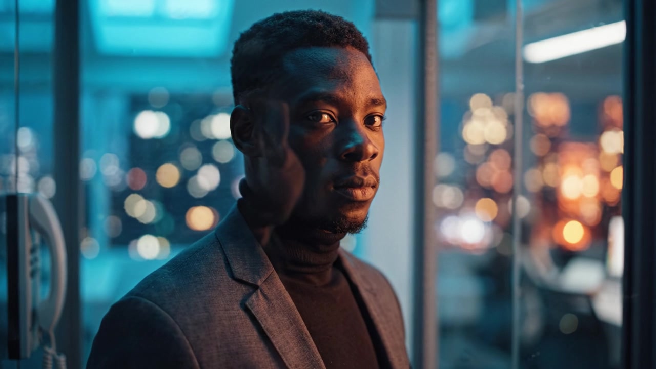 A contemplative man in a stylish blazer stands by a glass window, gazing outward with city lights reflecting a vibrant urban night scene in the background.