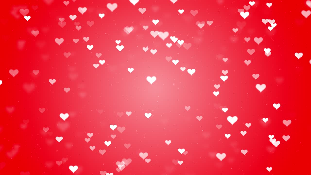 Buon San Valentino e animazione romantica, cuori lucidi e scintillanti, concetto di San Valentino e matrimonio, particelle luminose, sfondo sfumato rosso.