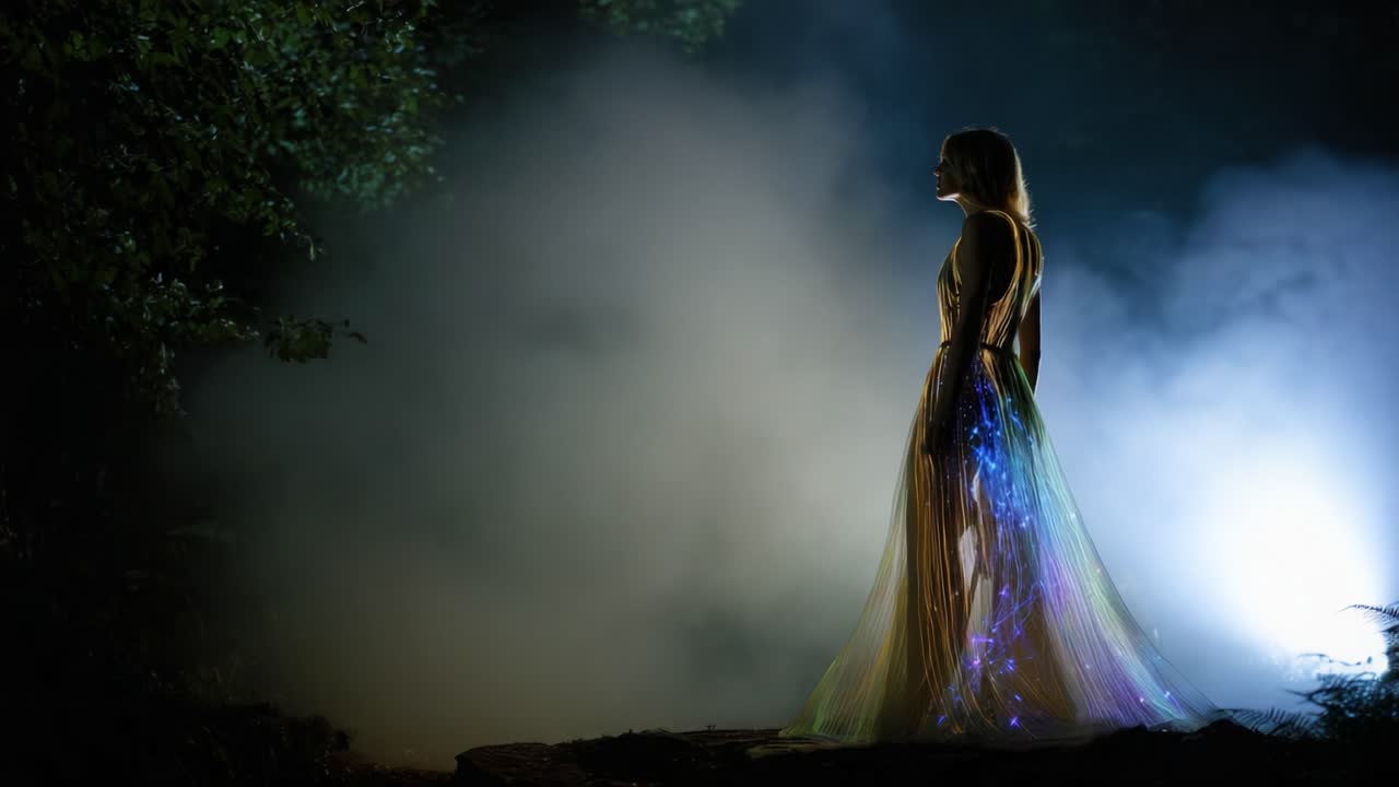 A Mystical Figure in a Glowing, Colorful Dress Stands Against a Foggy Background, Creating an Ethereal Atmosphere That Blends Nature with Neon Lights for a Captivating Visual Experience