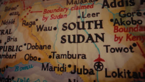 close-up of a map displaying south sudan and neighboring african regions