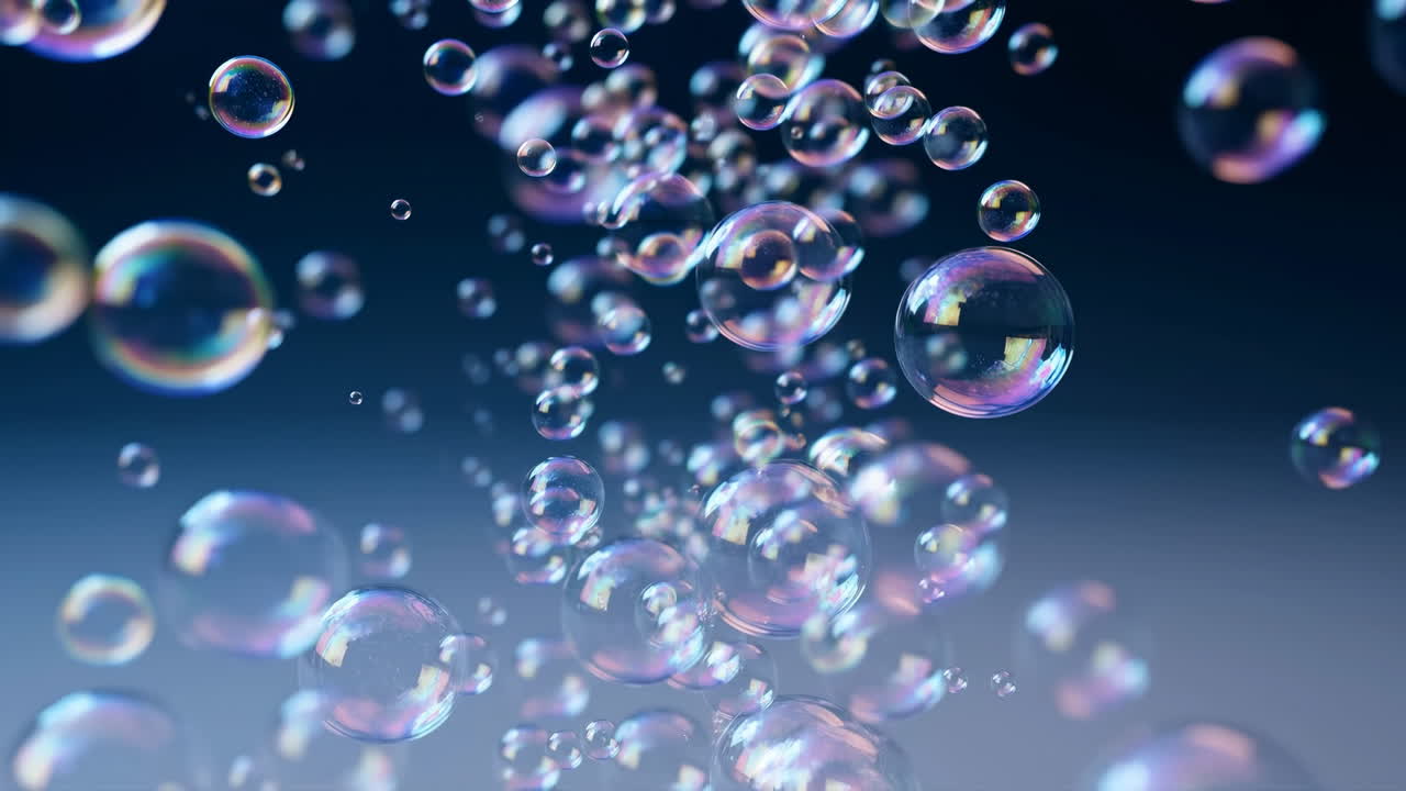 Iridescent Soap Bubbles Floating Against a Blue Background