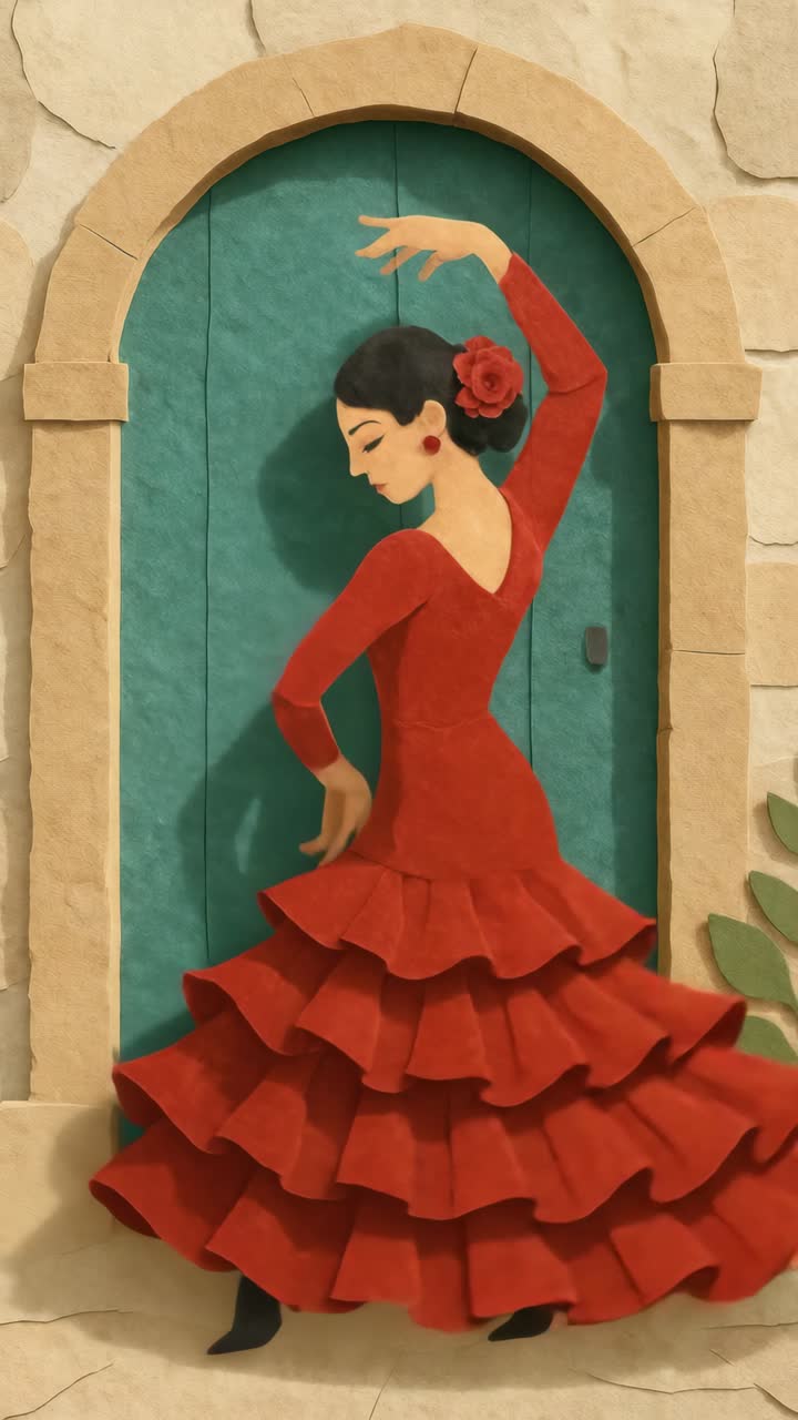 Elegant flamenco dancer in a red dress poses gracefully against a rustic door
