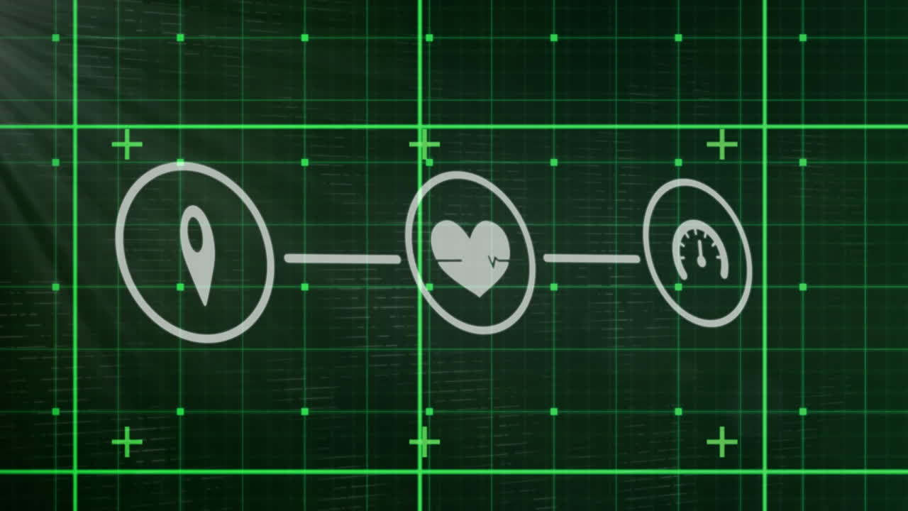 녹색 배경에 빛의 반점에 대 한 그리드 네트워크를 통해 디지털 아이콘의 네트워크의 애니메이션